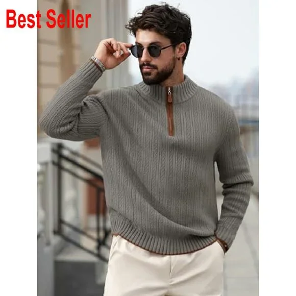 Quarter-Zip Pullover Sweater Mock Neck Ribbed Knit Classic Fit Winter Warm